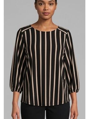 ADRIANNA PAPELL Vertical Strip Blouse, Women’s L, Black Pink